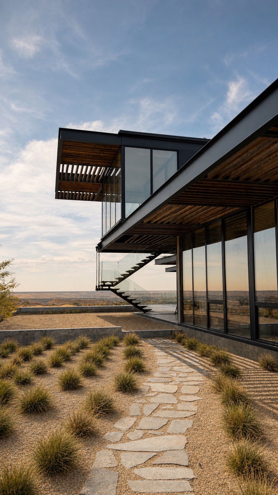 Imagen arquitectónica de la propuesta original Ventic, con grandes paños de vidrio y estructura oscura